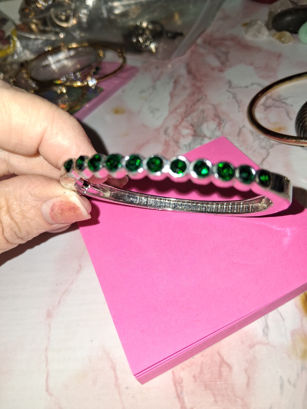 Source Unknown Silver Bracelet with Green Gemstones